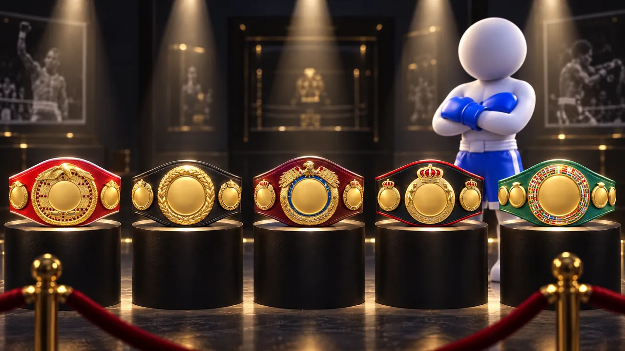 Cinq ceintures de champion exposées sur des socles, Madame Stickman bras croisés