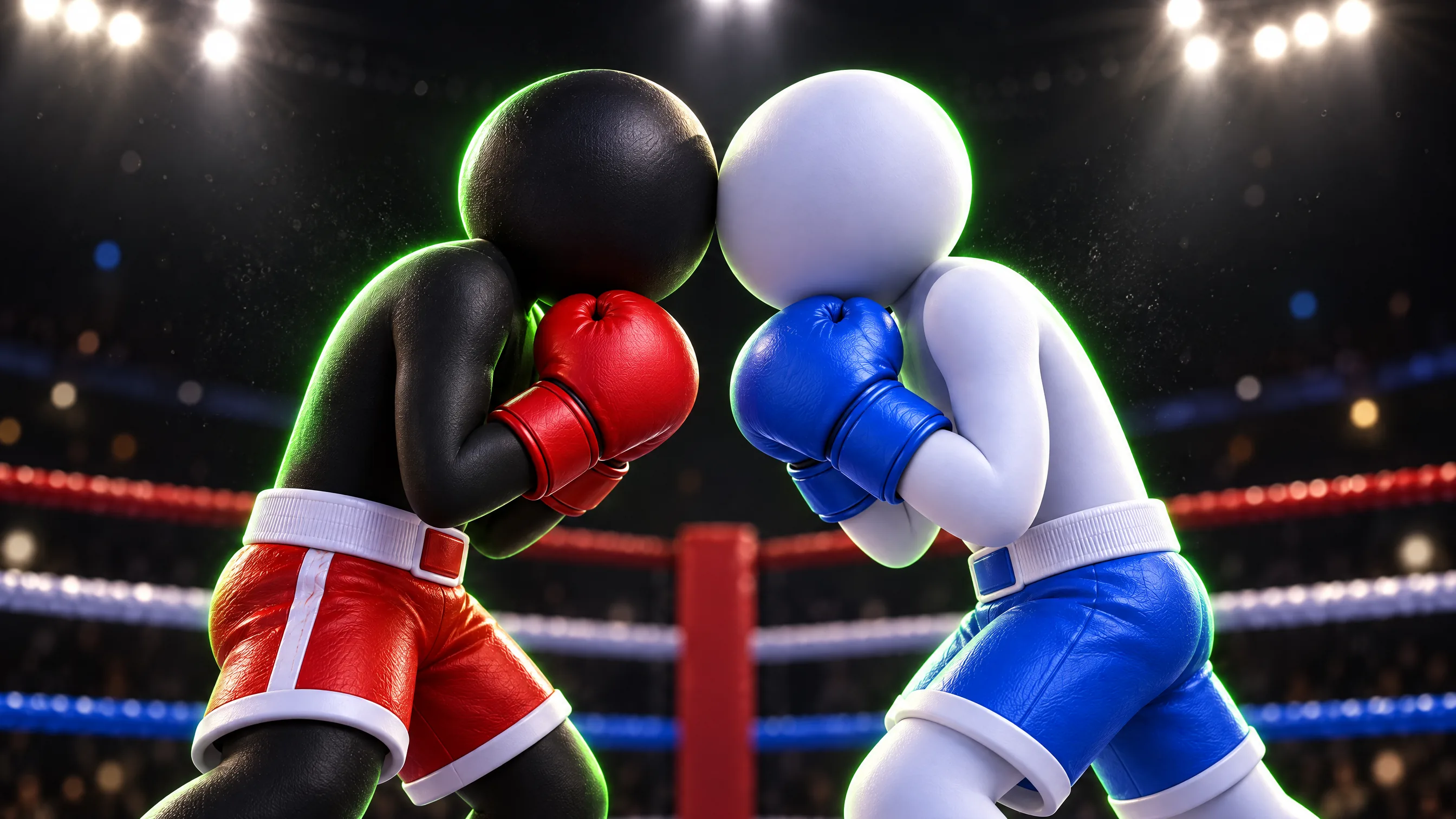 Deux boxeurs Stickman front contre front au centre du ring, gants rouges contre gants bleus
