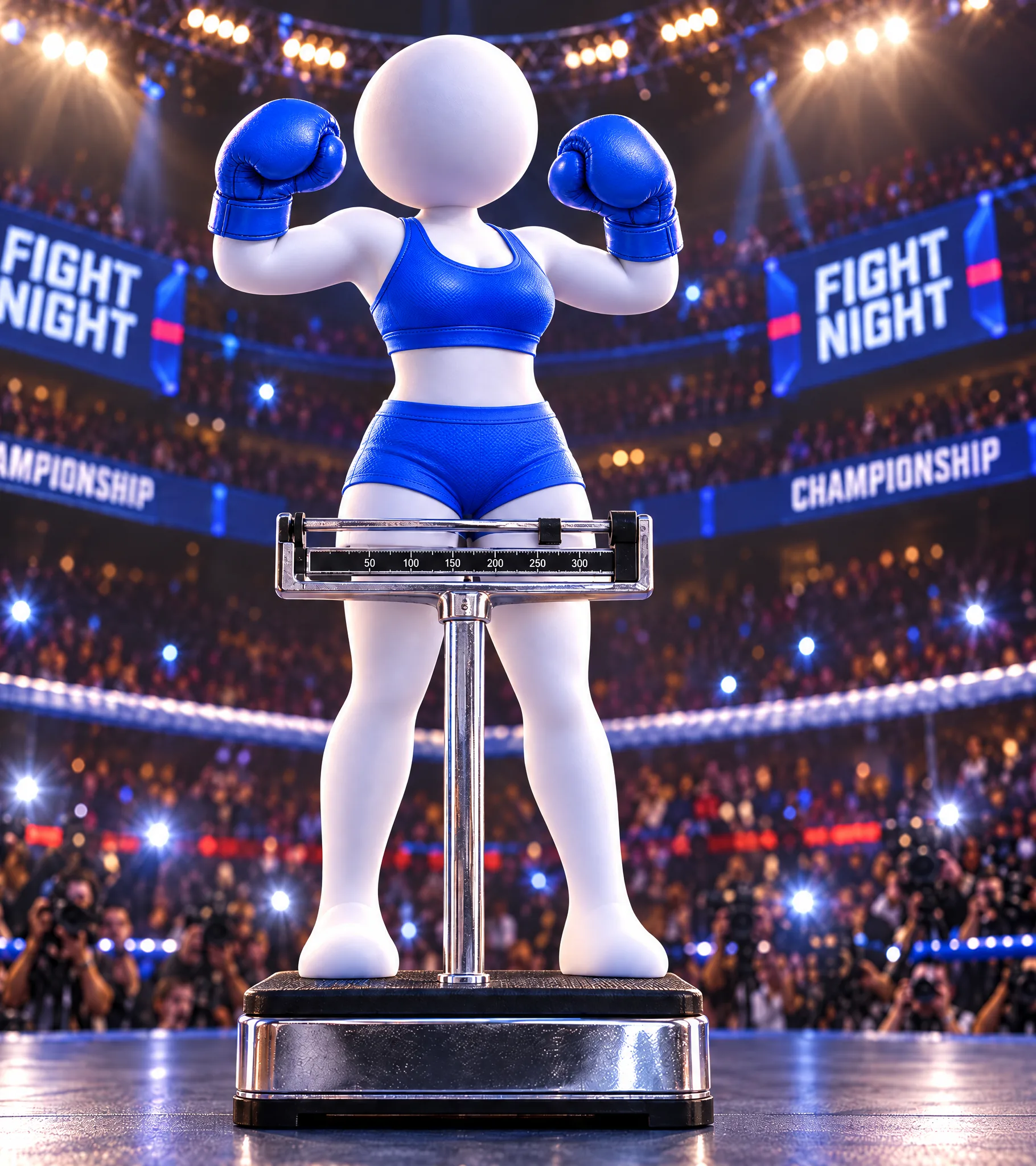 Madame Stickman sur une balance de pesée au milieu du ring, bras fléchis