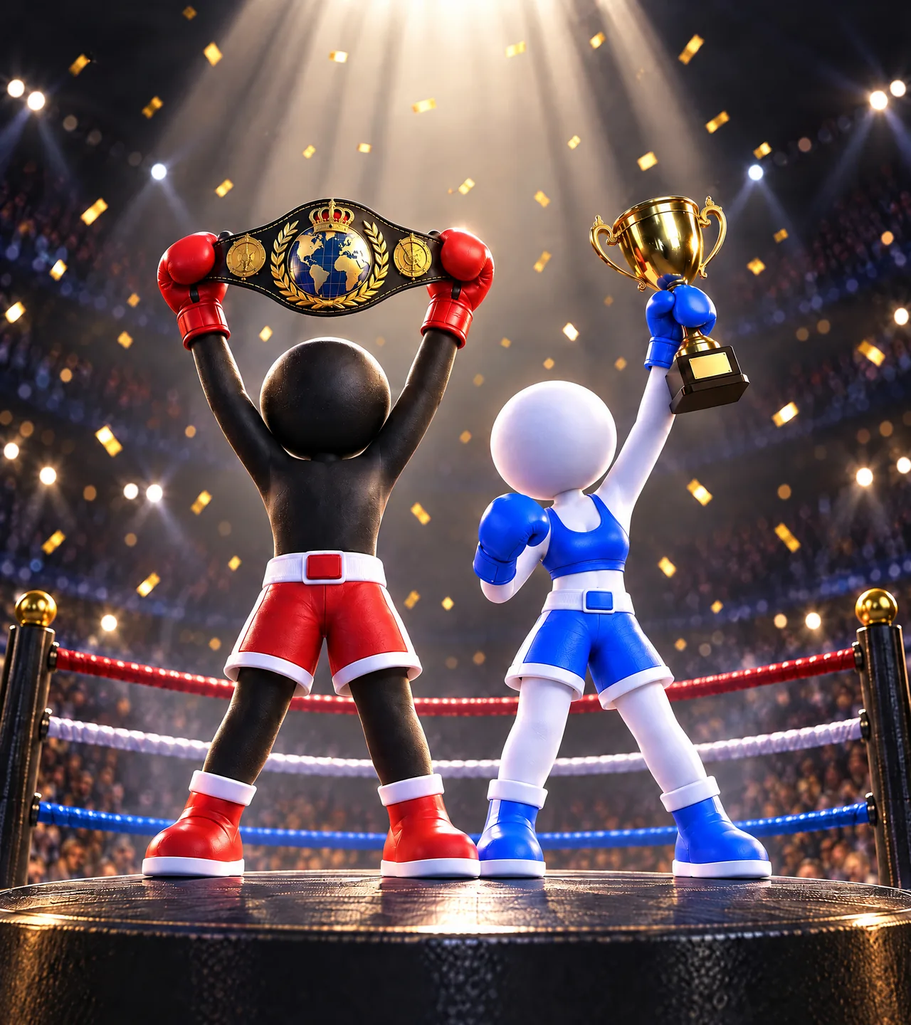 Deux boxeurs Stickman sur le ring sous les confettis : l'un brandit une ceinture de champion à deux mains, l'autre une coupe dorée